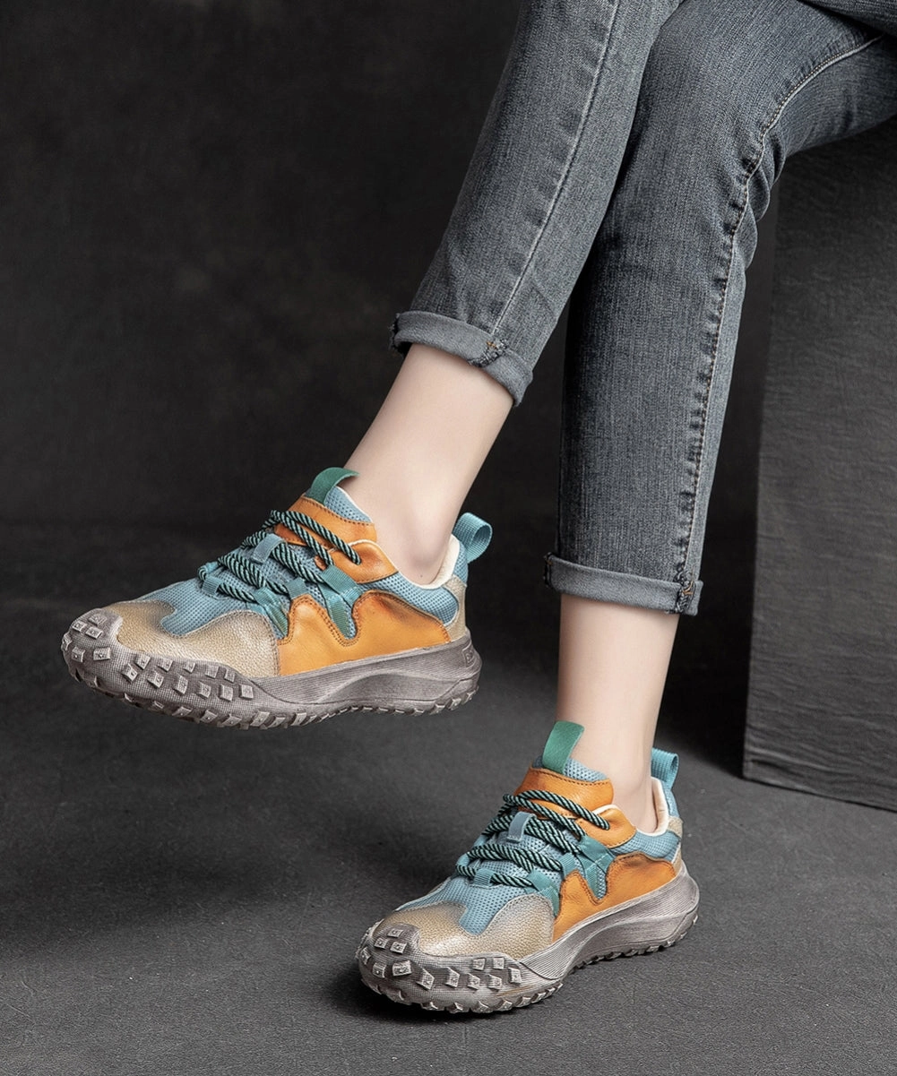 Platform Up Shoes Leather Flat Casual Splicing Blue Lace Cowhide Mary Jane Bow Shoes