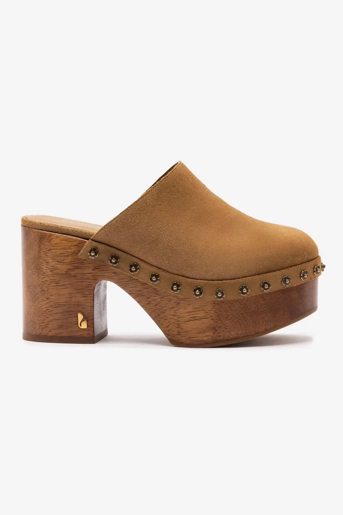 Athletech Fabric Squaire Toe Mary Jane Shoes Miso Wooden Platform Clog In Peanut Suede