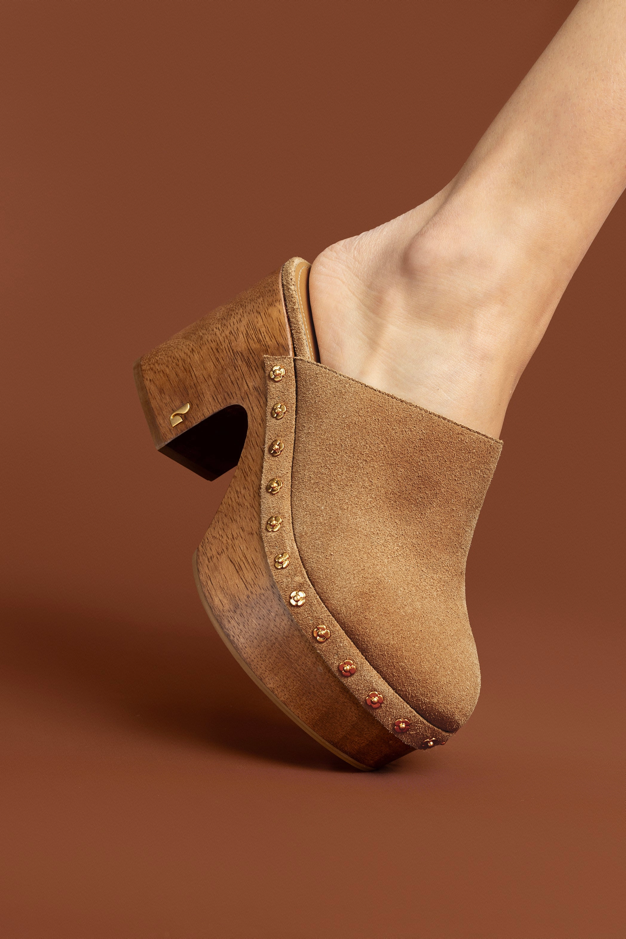 Miso Wooden Platform Clog In Peanut Suede Open Back Mary Jane Shoes
