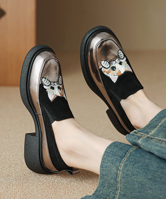 Loafer Cats Brown Chunky Splicing Embroidered Suede Shoes Oldmoney Loafers