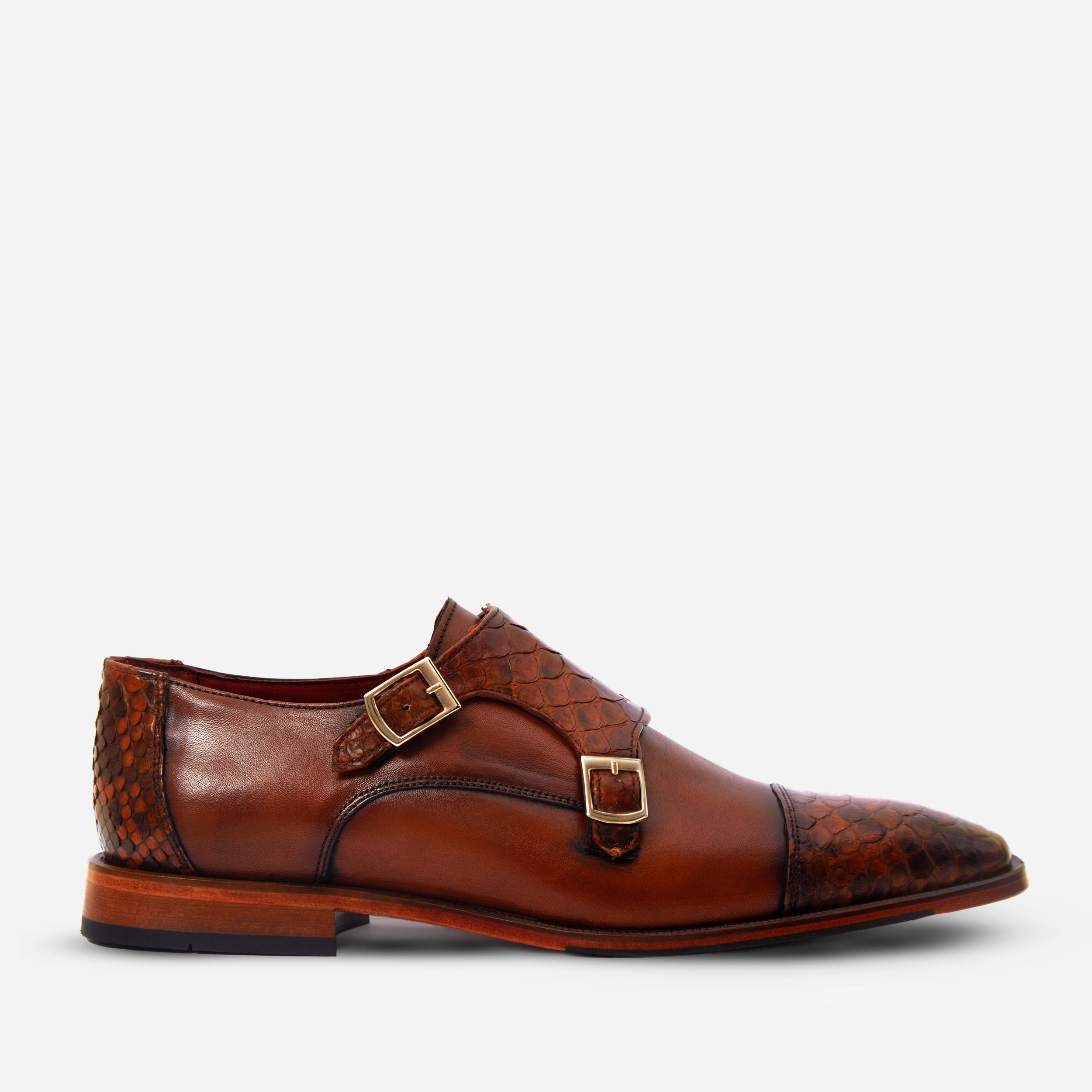 The Bishkek Tan Leather Cap Toe Double Monk Strap Men  Shoe Military Brogues