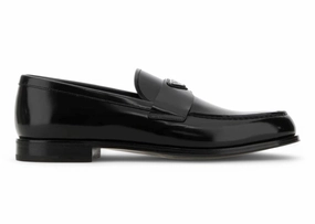 Prada Enamel-Triangle-Logo Slip-On Loafers Black Mesh Slip On Shoes