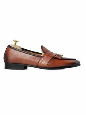 Belgian Loafer - Cognac Tan Phyton Penny Strap with Studded Fringe (Hand Painted Patina) Last Resort Ab Loafers
