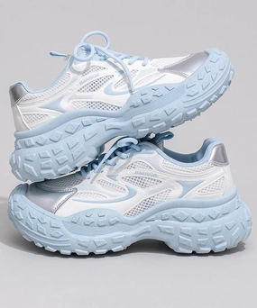 Breathable Sport Mesh Splicing Stylish Platform Blue Lace Up Sophia Leather Heeled Mary Jane Shoes