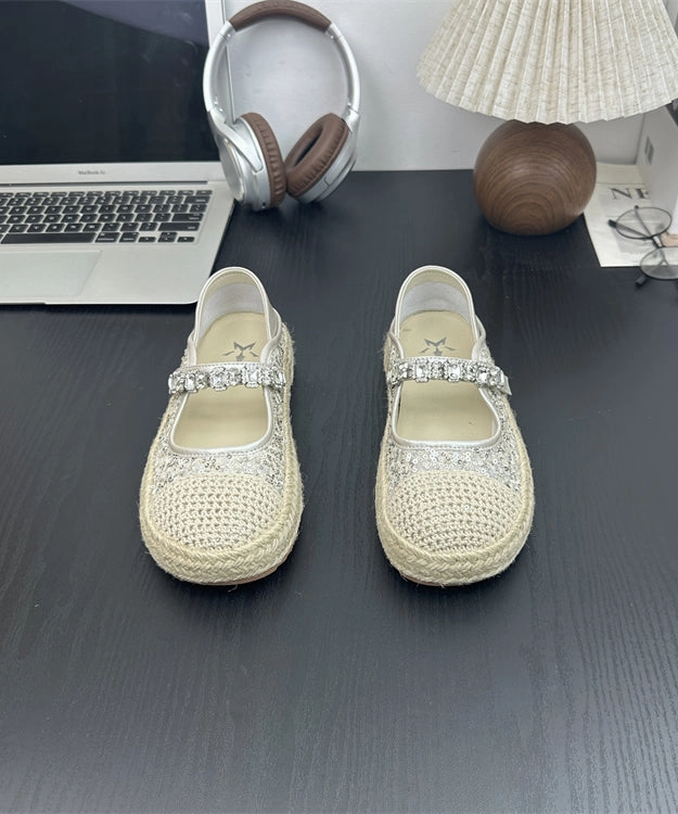 Mary Jane Creeper Shoe Vans Flat Sequins Platform Beige Shoes Buckle Zircon Splicing Strap