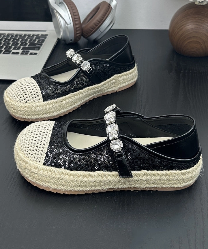 Flat Sequins Platform Beige Shoes Buckle Zircon Splicing Strap Simple Mary Jane Shoes