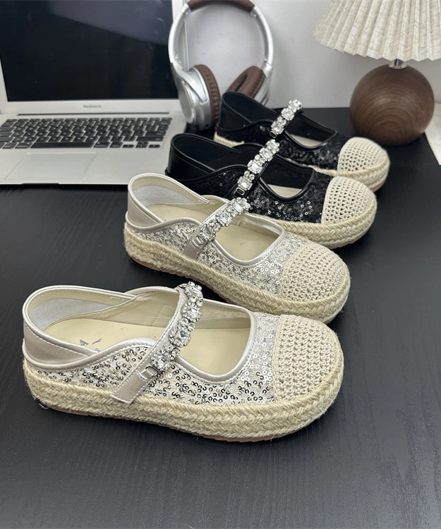 Flat Sequins Platform Beige Shoes Buckle Zircon Splicing Strap Mary Jane Shoes With Hearts