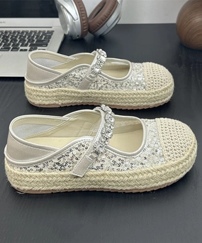 Mary Jane Shoes Women Flat Sequins Platform Beige Shoes Buckle Zircon Splicing Strap