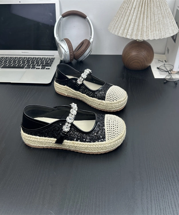 Flat Sequins Platform Beige Shoes Buckle Zircon Splicing Strap Berries Mary Jane Shoes