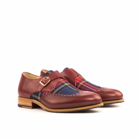 Red Leather & Tartan Fabric Single Monk Shoes Chaussures Brogues