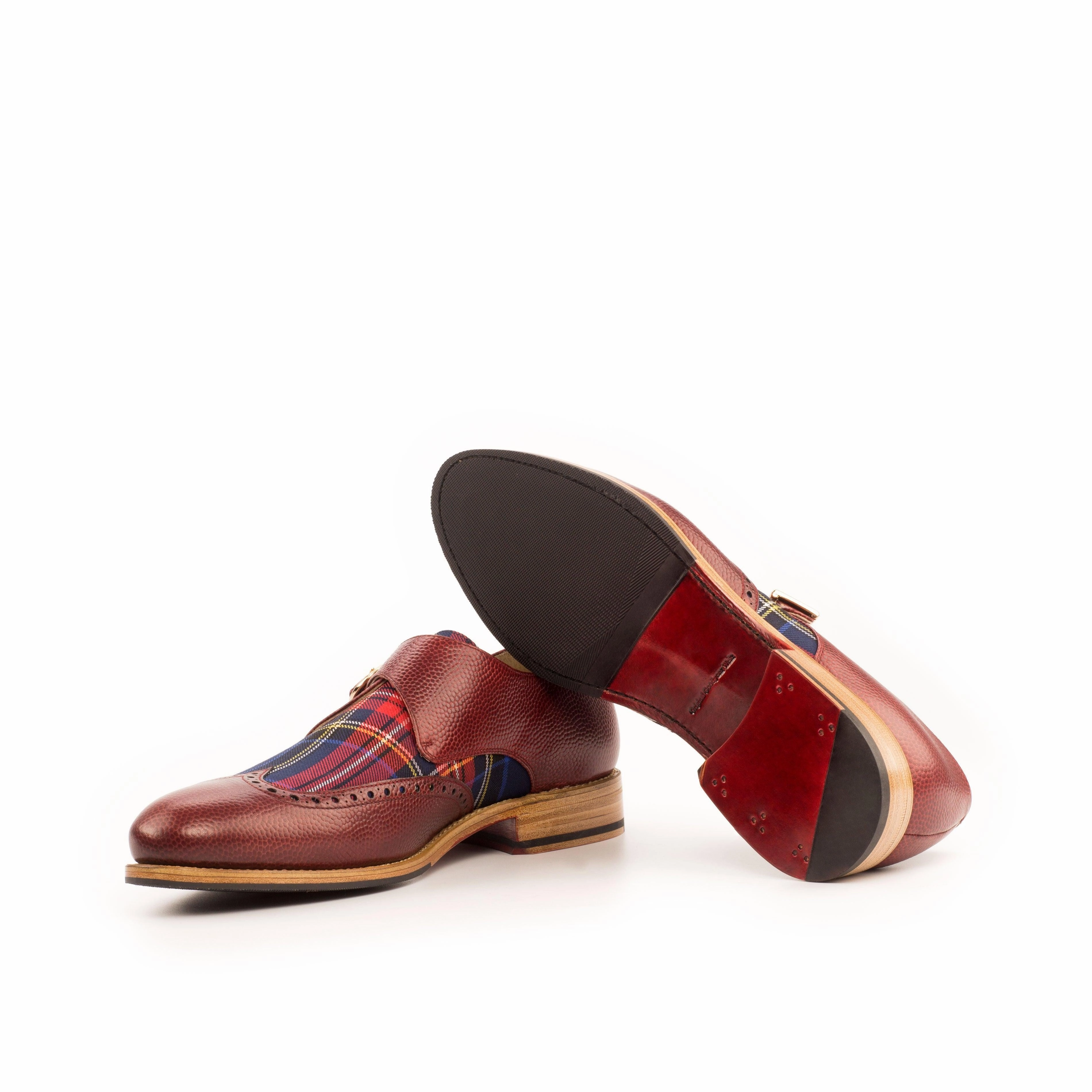 Leather Wingtip Brogues Red Leather & Tartan Fabric Single Monk Shoes