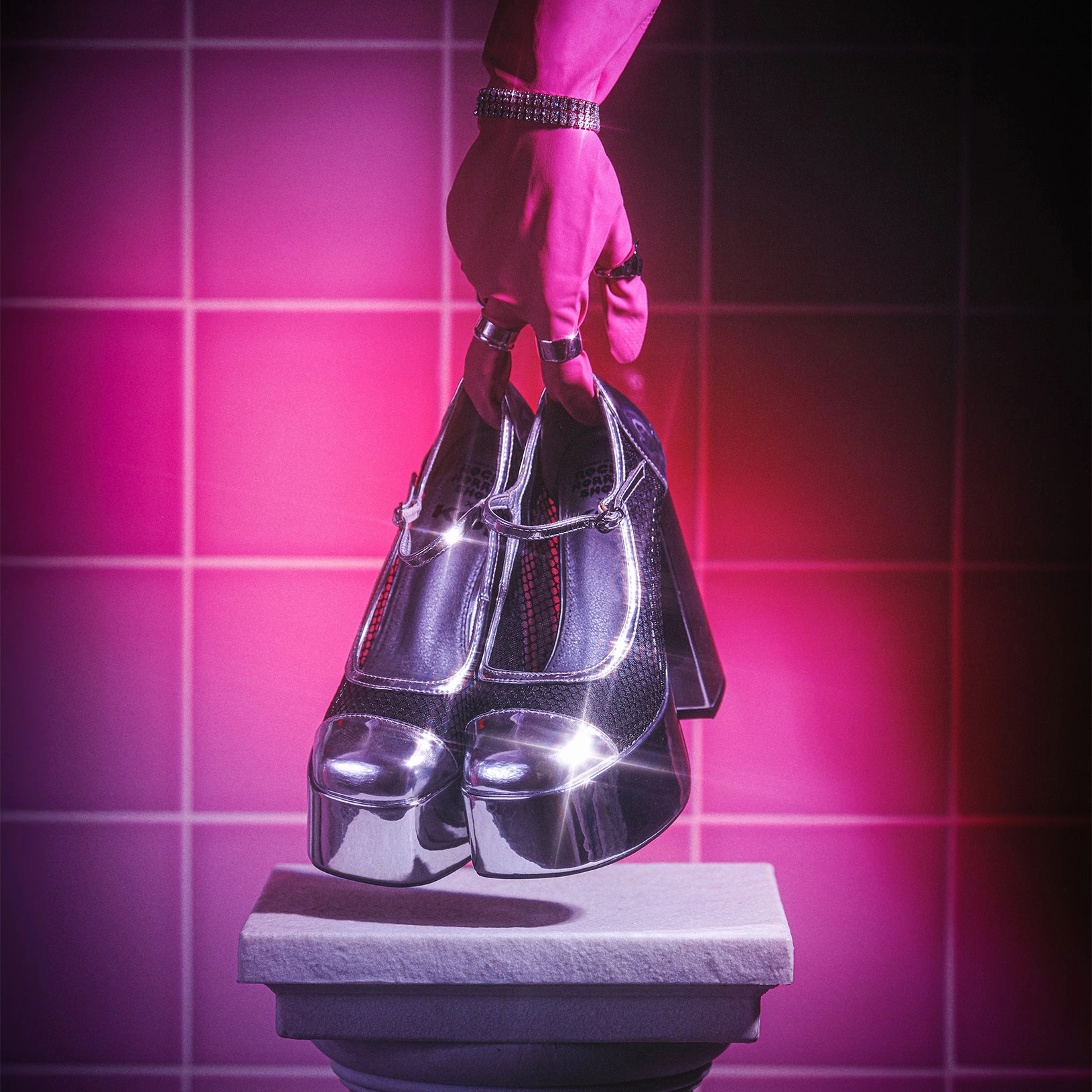 Rogan's Shoes Mary Janes Regular Frankie Fan Fishnet Platform Heels - Silver