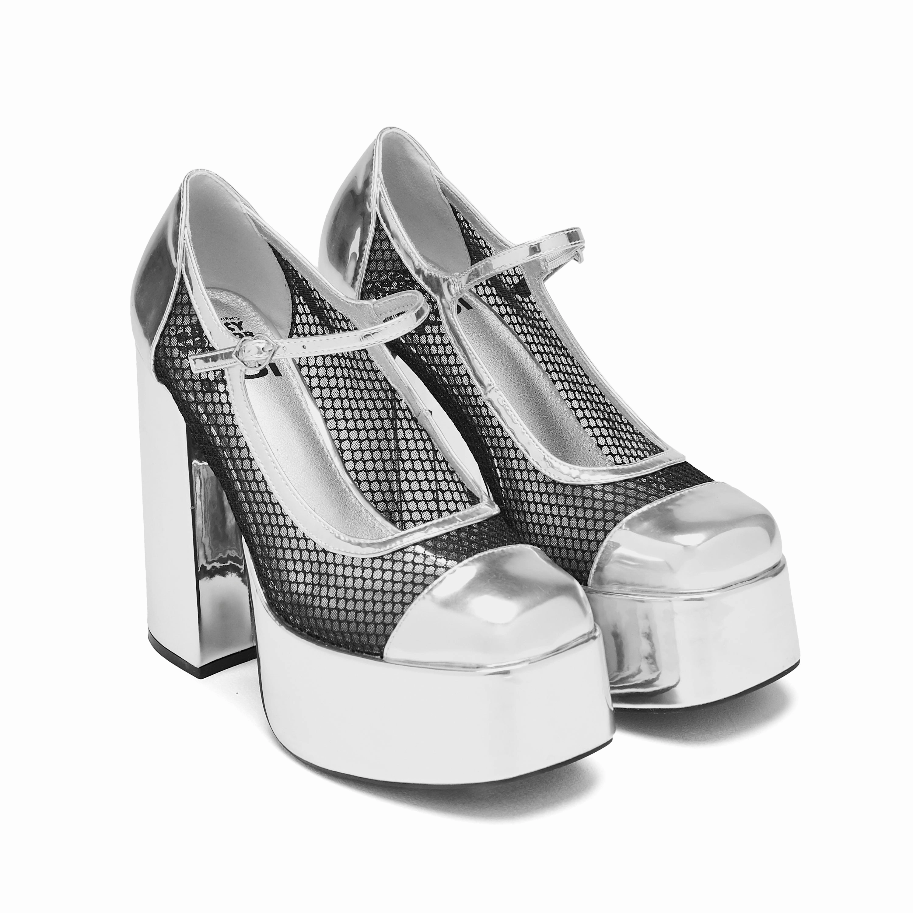 Regular Frankie Fan Fishnet Platform Heels - Silver Mary Jane Shoes High