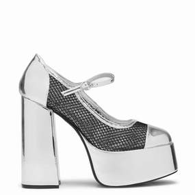 Mary Jane Heels Shoes Size 11 Regular Frankie Fan Fishnet Platform Heels - Silver