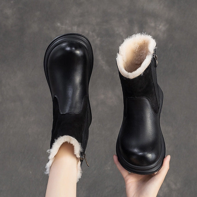 Women's Retro Leather Comfort Fleece Snow Boots Tall Lace Up Snow Boots