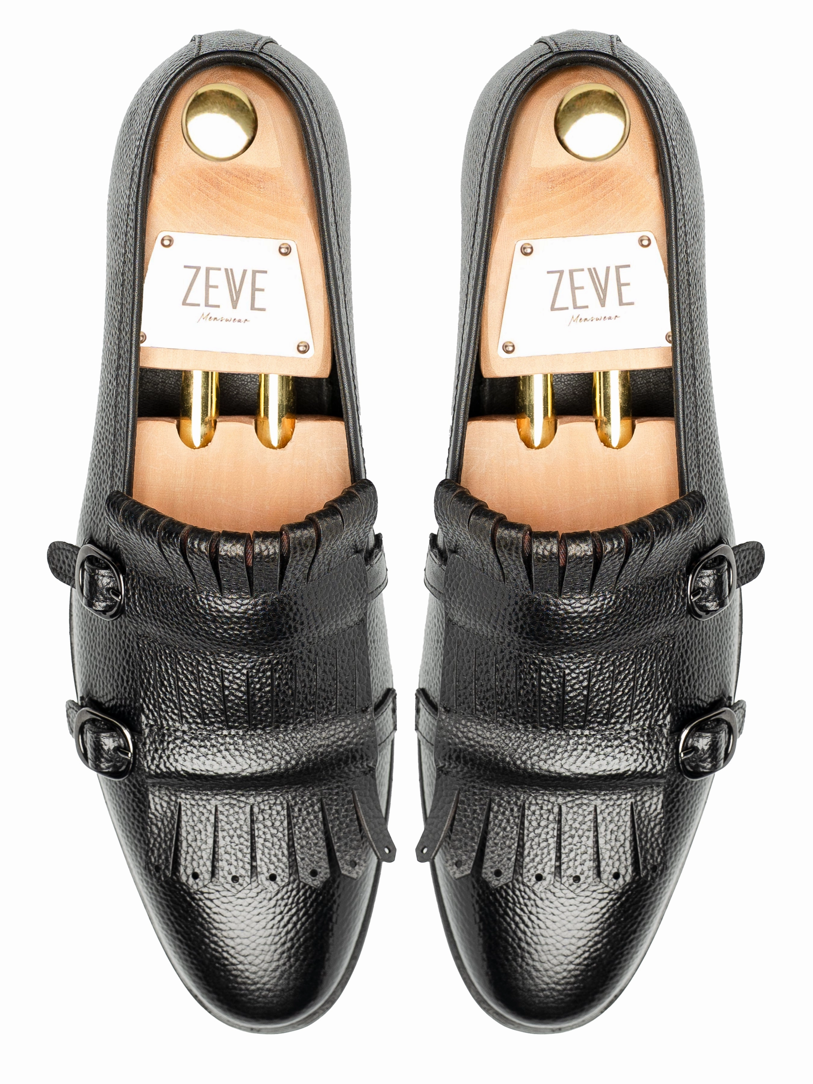 Valerio Monk Kilt - Black Pebble Grain Chunky Heeled Brogues