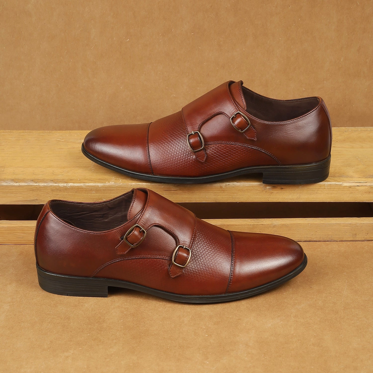 Dominio Double Monk Strap Shoes Tan- 13-7025 Waterproof Brogues