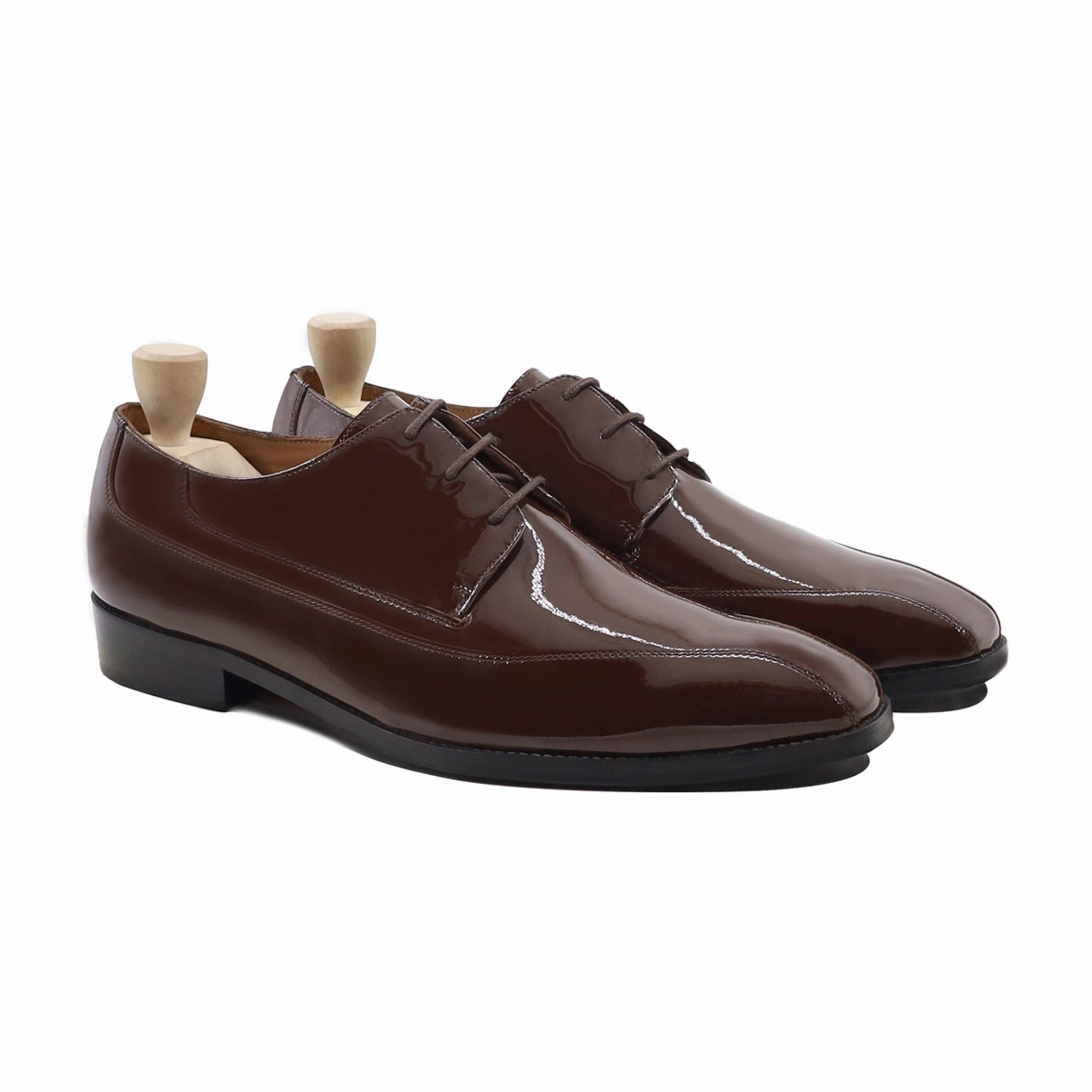 Liege - Men's Dark Brown Patent Leather Derby Shoe Lace-up Casual Dress Shoes