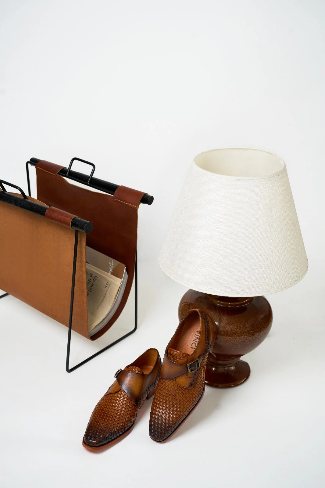 The Rolls  Woven Tan Leather Single Monk Strap  Handmade Men Shoe Brown Brogue Boots