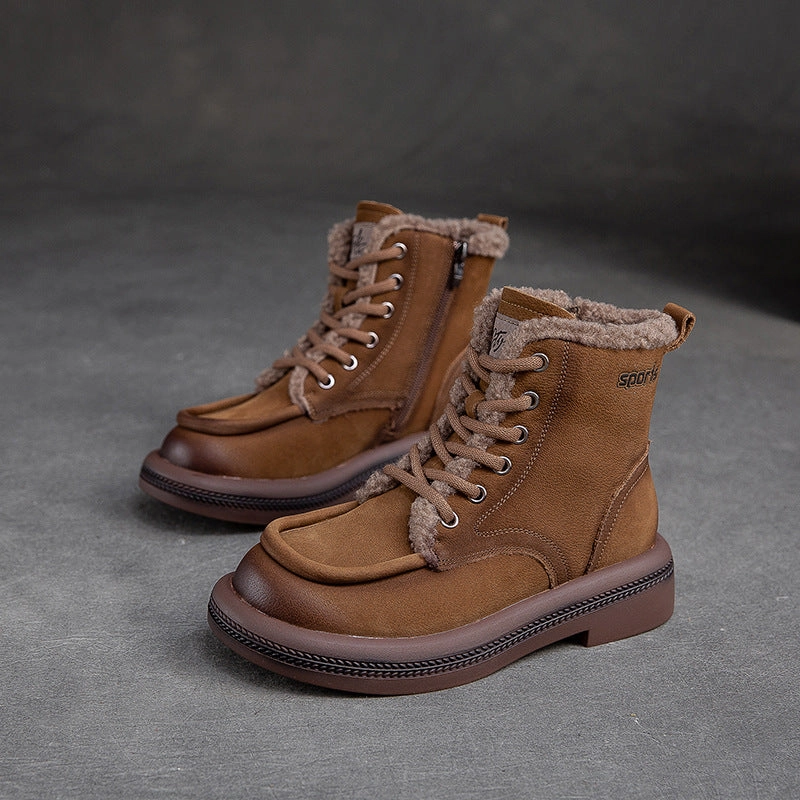 Women Vintage Solid Leather Furred Ankle Snow Boots Chic Snow Boots