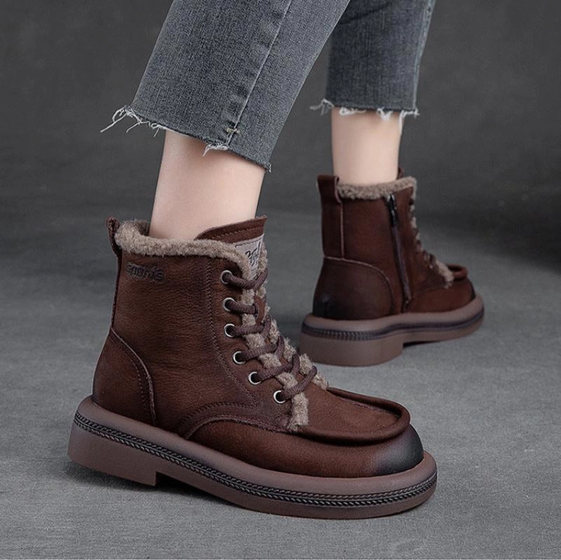 Women Vintage Solid Leather Furred Ankle Snow Boots Nordica Snow Boots