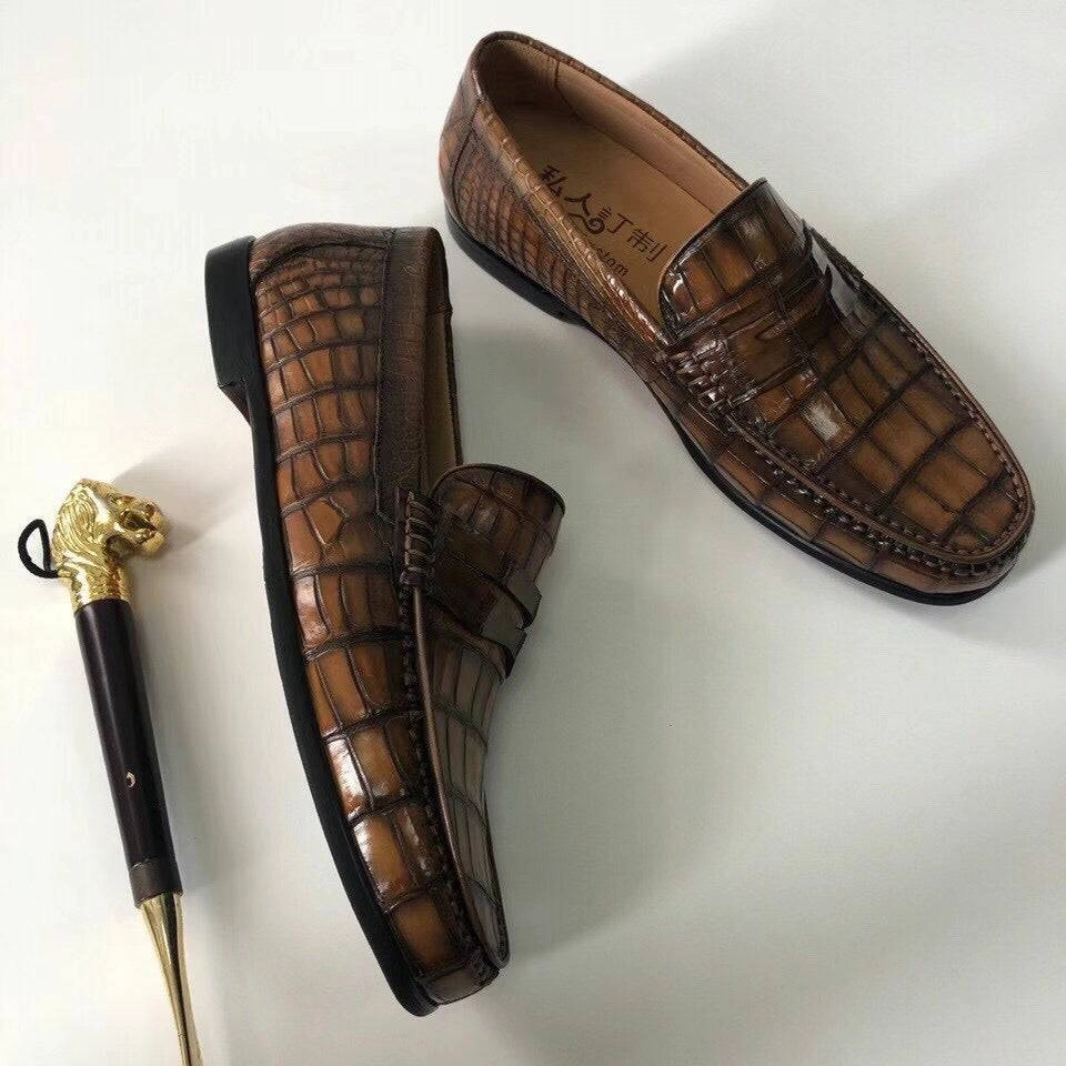 Crocodile Shoes Crocodile  Leather Shoes Mens Slip-On Driving Loafer Shoes Vintage Brown Rubber Sole Loafers