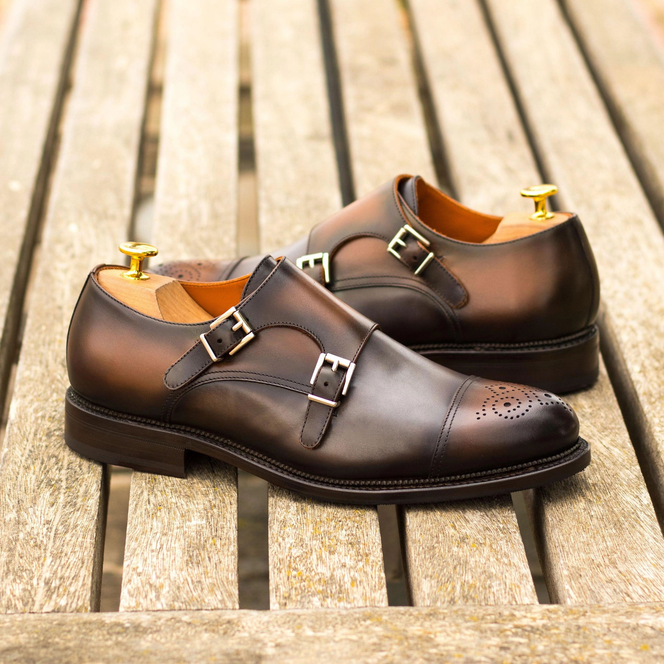 Tie Brogues Burnished Grey & Brown Leather Double-Monk Shoes