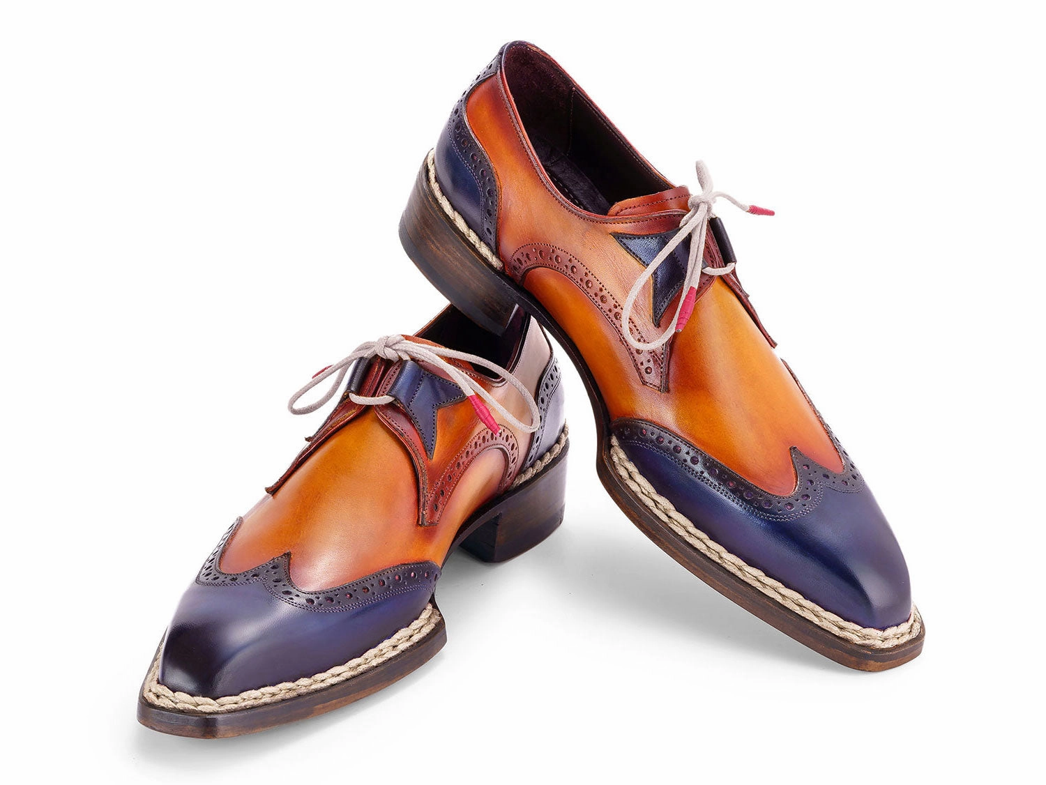 Lace Up Boots Paul Parkman Norwegian Welted Wingtip Men's Dress Shoes Blue and Camel (ID#8505-BLC)