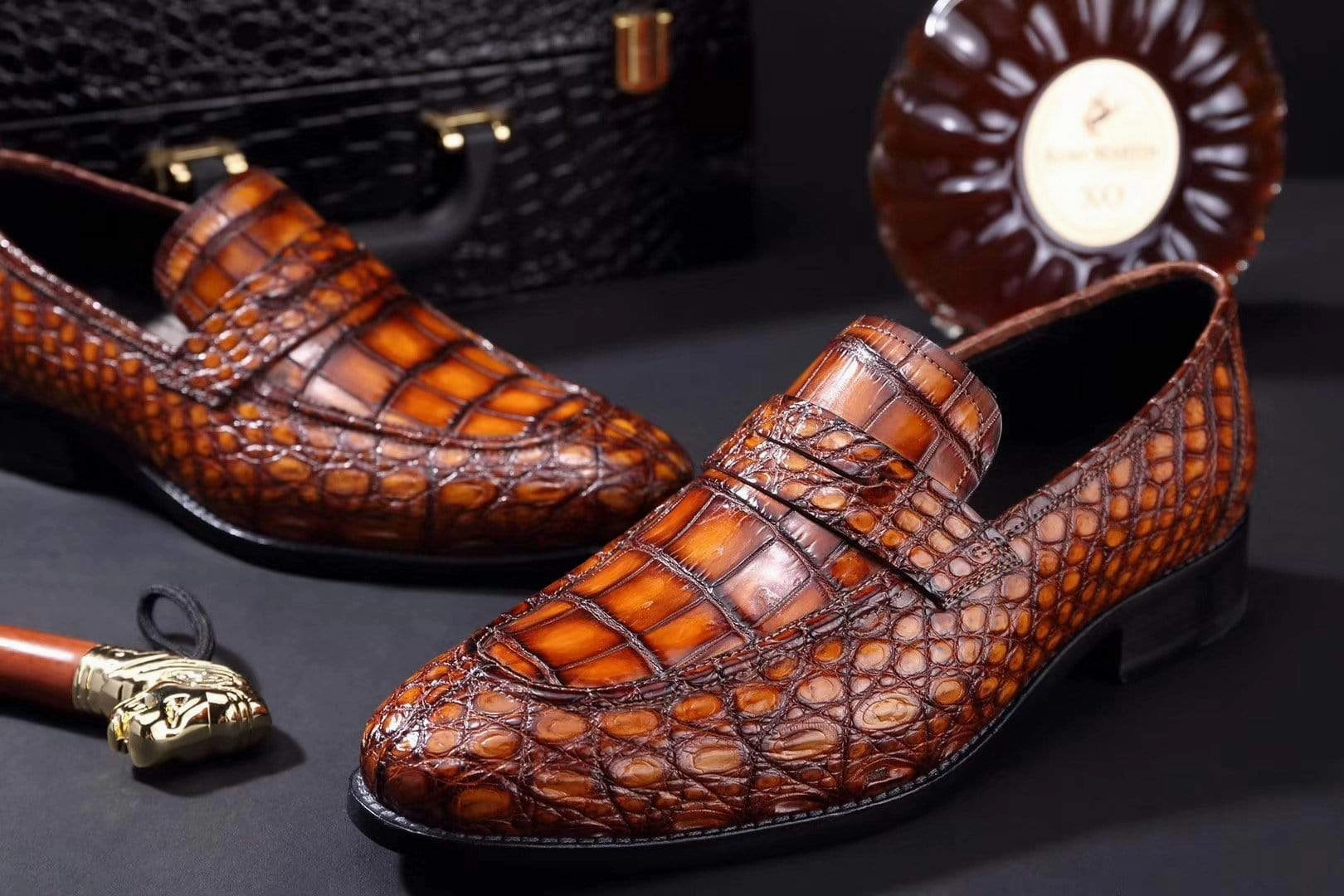 Loafers Platforms Crocodile Shoes Mens Crocodile Leather Penny Loafer Shoes Vintage Brown
