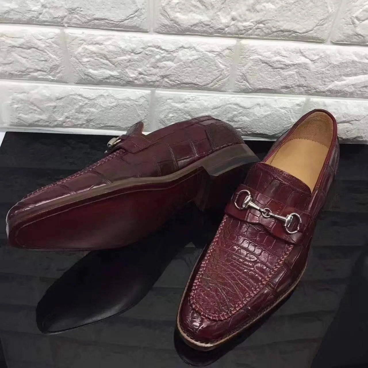 Crocodile Shoes Wine Red Genuine All-Over Crocodile  Belly Skin Slip On~ Loafer Shoes for Men Fall Outfits With Loafers