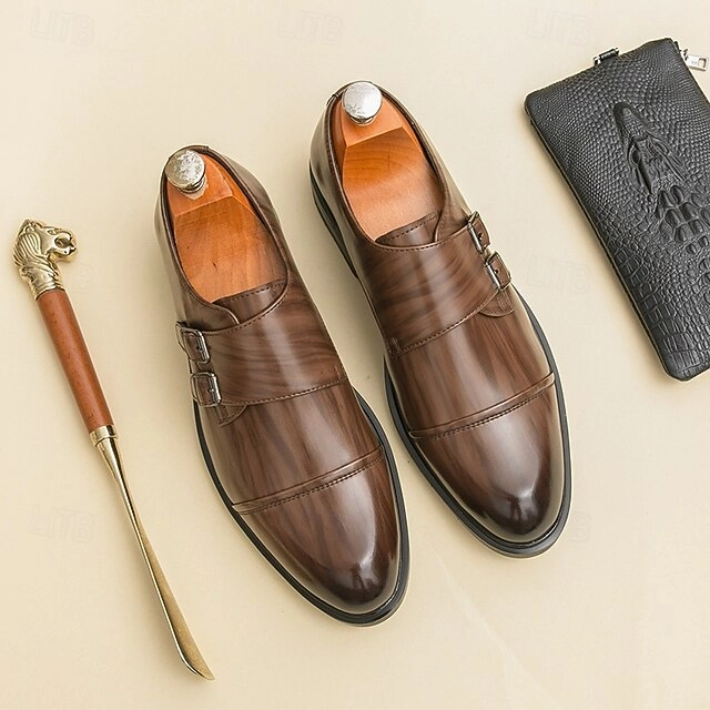 Strap Leather Shoes Double Men's  Dress Monk Brown Faux Tina Brogue
