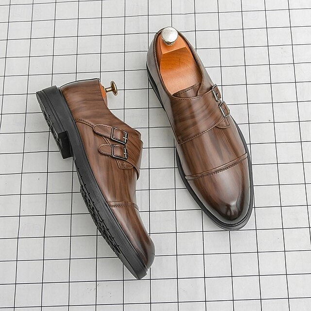 Strap Leather Shoes Double Men's  Dress Monk Brown Faux