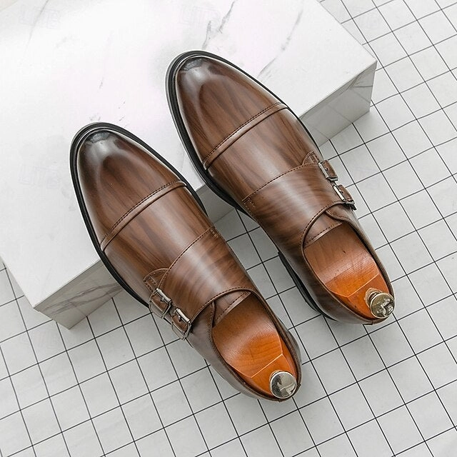 Strap Leather Shoes Double Men's  Dress Monk Brown Faux Brogues Patent
