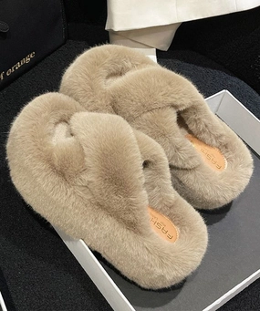 Jambu Wonder Mary Jane Shoes Stylish Splicing Platform Slippers Shoes Khaki Fuzzy Fur OM019