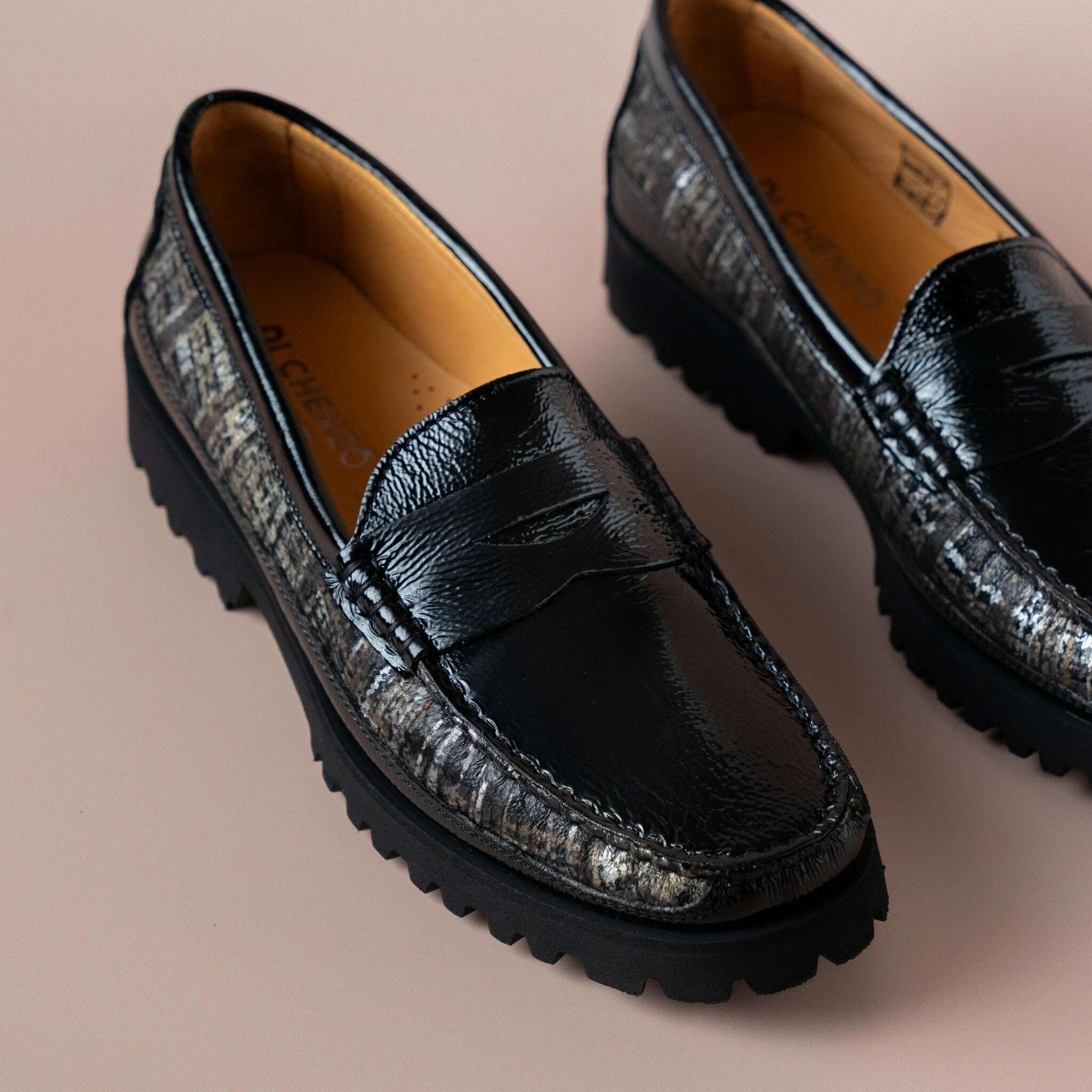 Di Chenzo - 8451 Black Patent Loafer with Black Combo Print Flatform Loafers