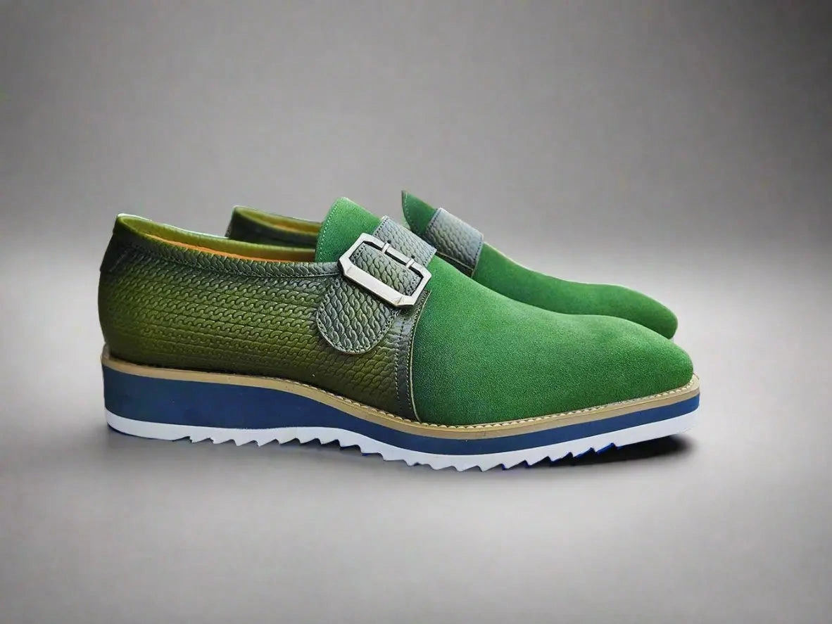 Suede Buckle Monk Strap Shoe Two Tone Brogue Boots