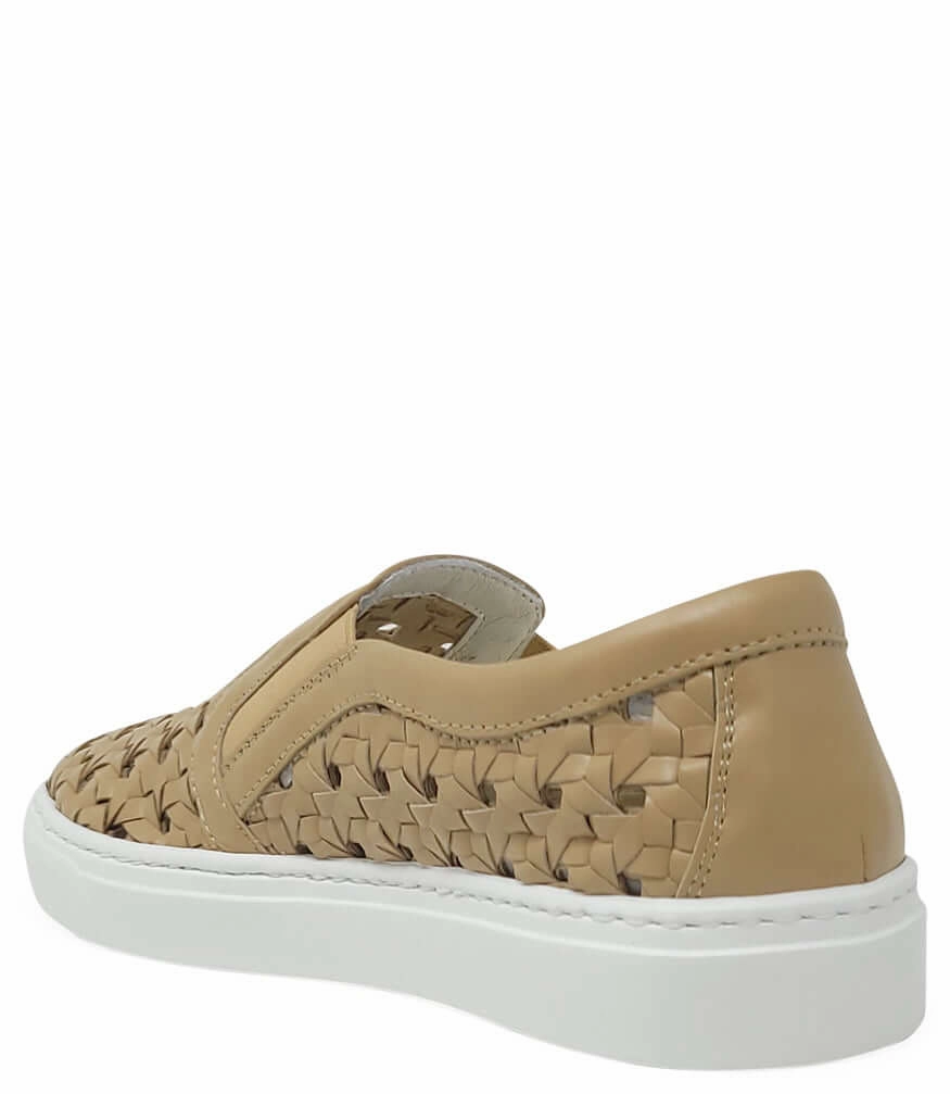 Beige Leather Woven Sneaker Cheap Slip On