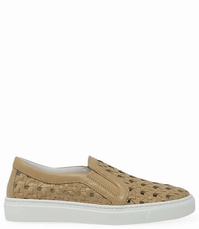 Beige Leather Woven Sneaker Slip On Checkered