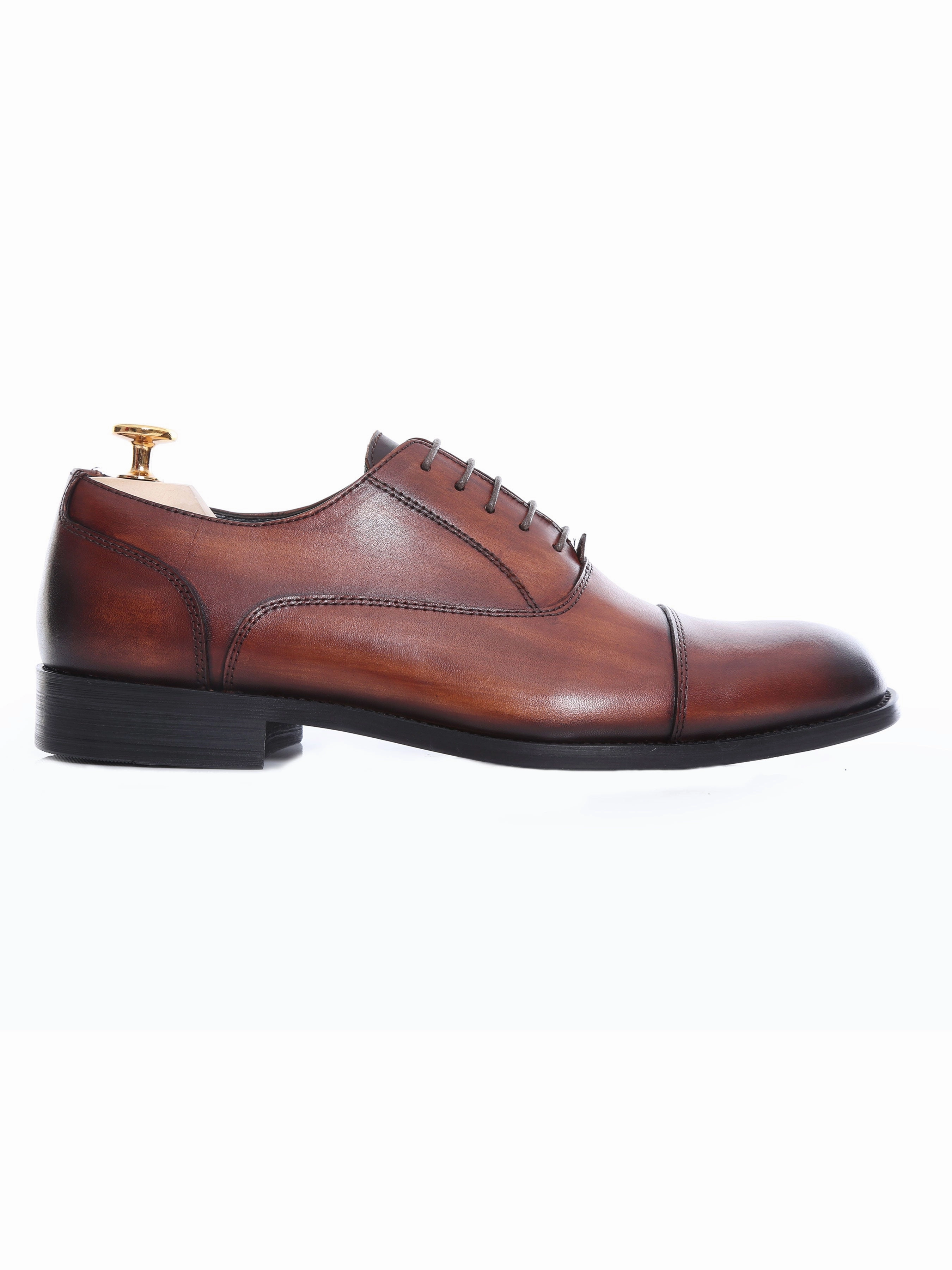 Oxford Cap Toe - Cognac Tan Lace Up (Hand Painted Patina) Male Oxfords