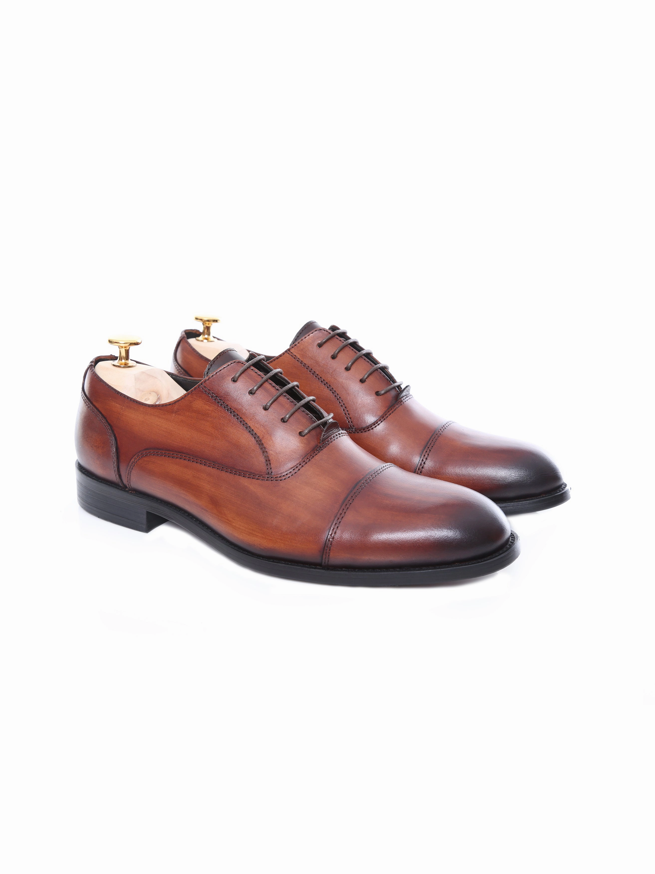Oxford Cap Toe - Cognac Tan Lace Up (Hand Painted Patina) Goto Plain Toe Oxford