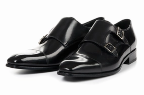 Mens Black Brogue Shoes The Burton Double Monk Strap - Nero