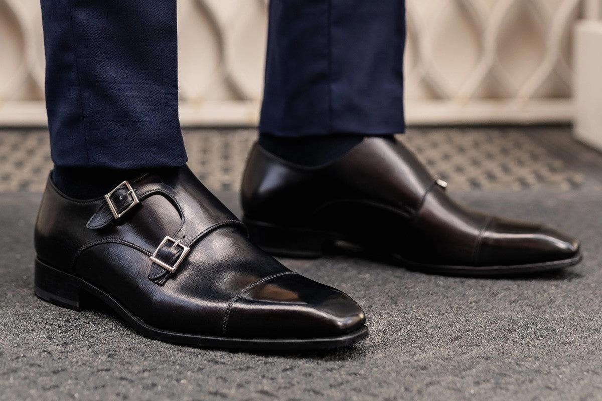 The Burton Double Monk Strap - Nero Patent Brogue Shoes