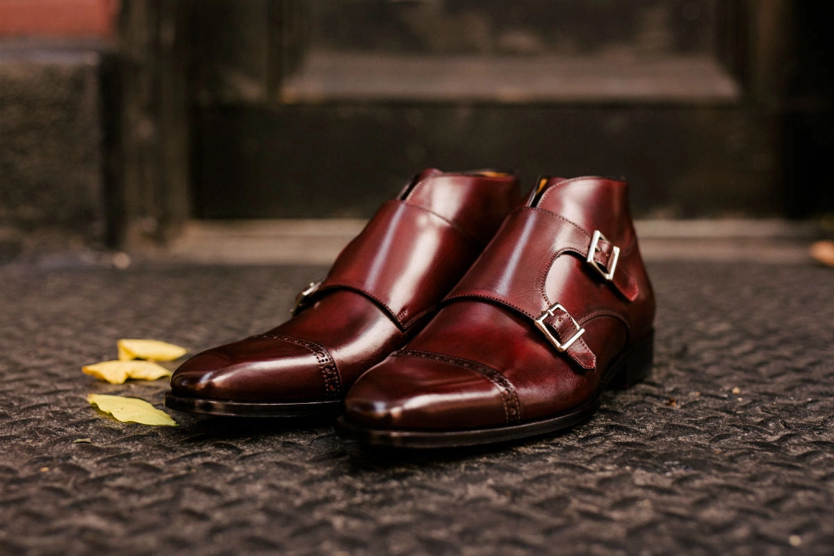 The Heston Double Monk Strap Boot - Oxblood Brogue Ankle Booties