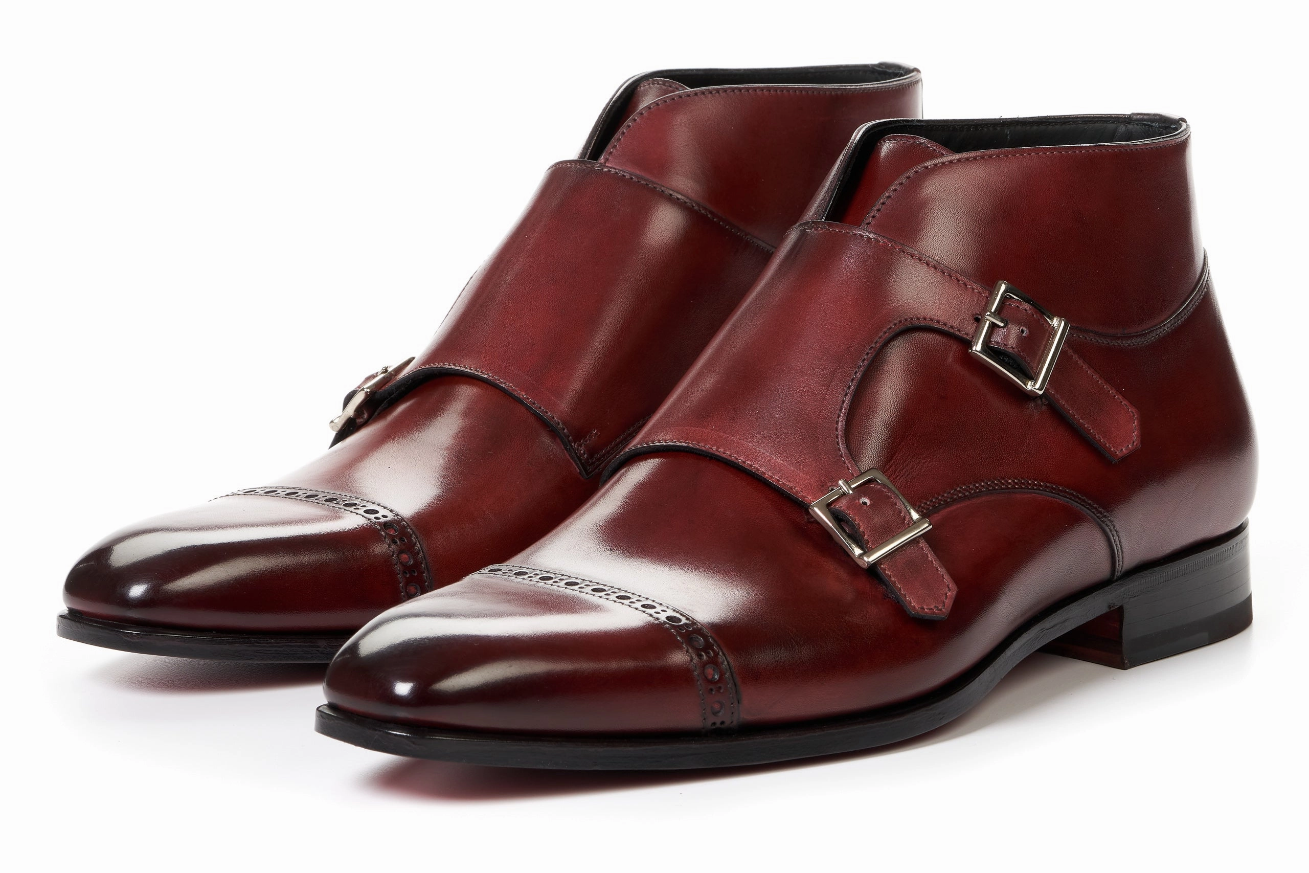 Stacked Heel Brogues The Heston Double Monk Strap Boot - Oxblood