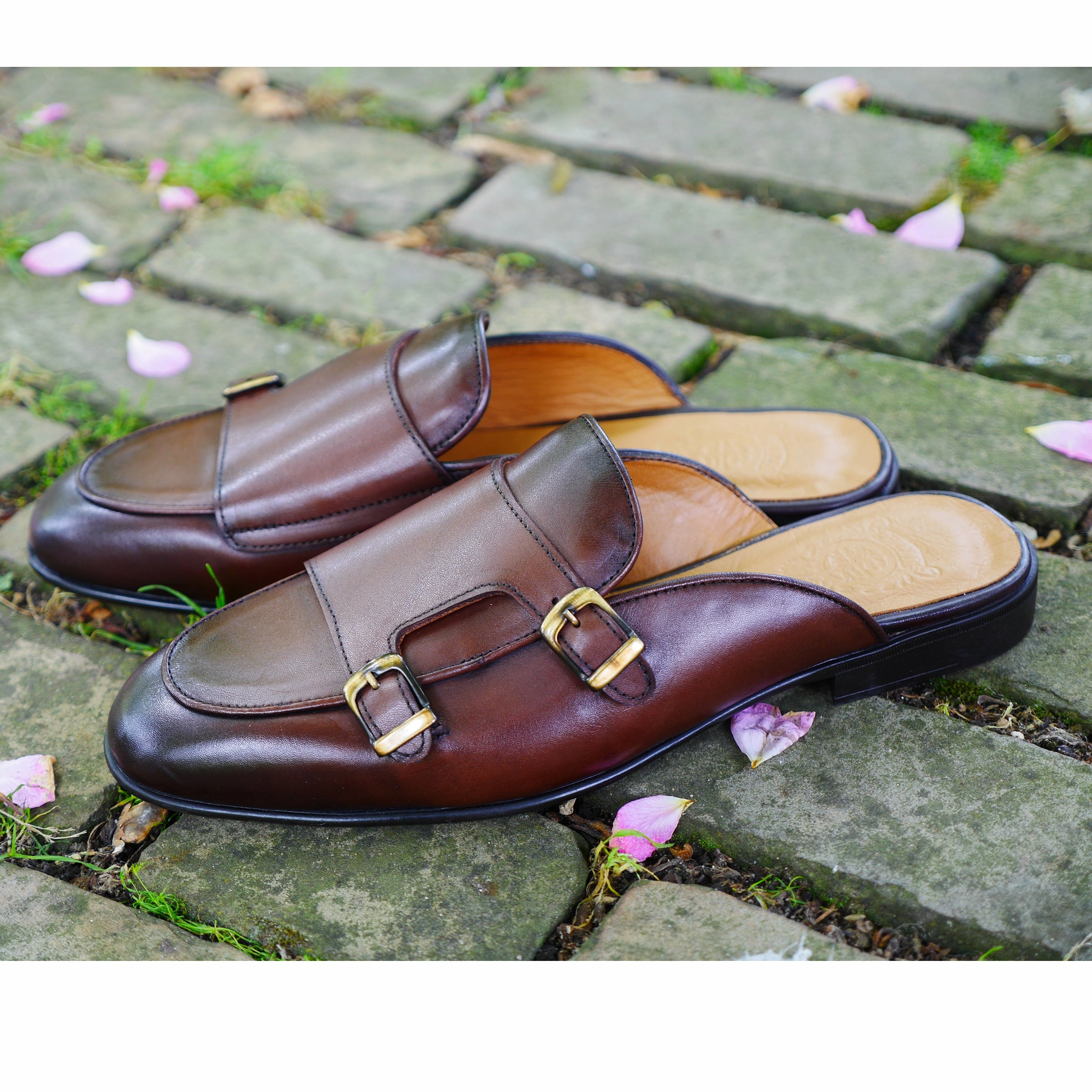 6548 - Classic Double Monk Leather Mule Brown Brogues Uk