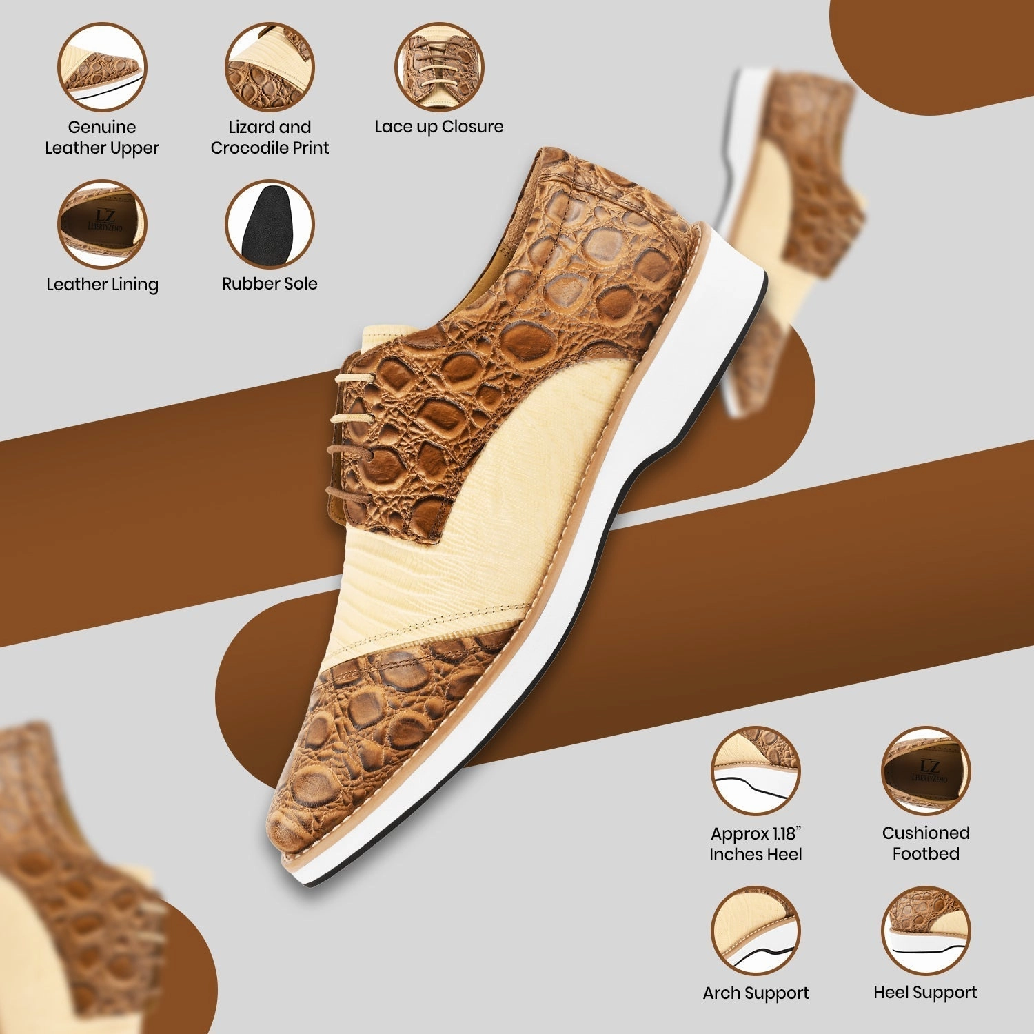 Lucky mens oxford croco lizard print casual shoes Cordovan Oxfords