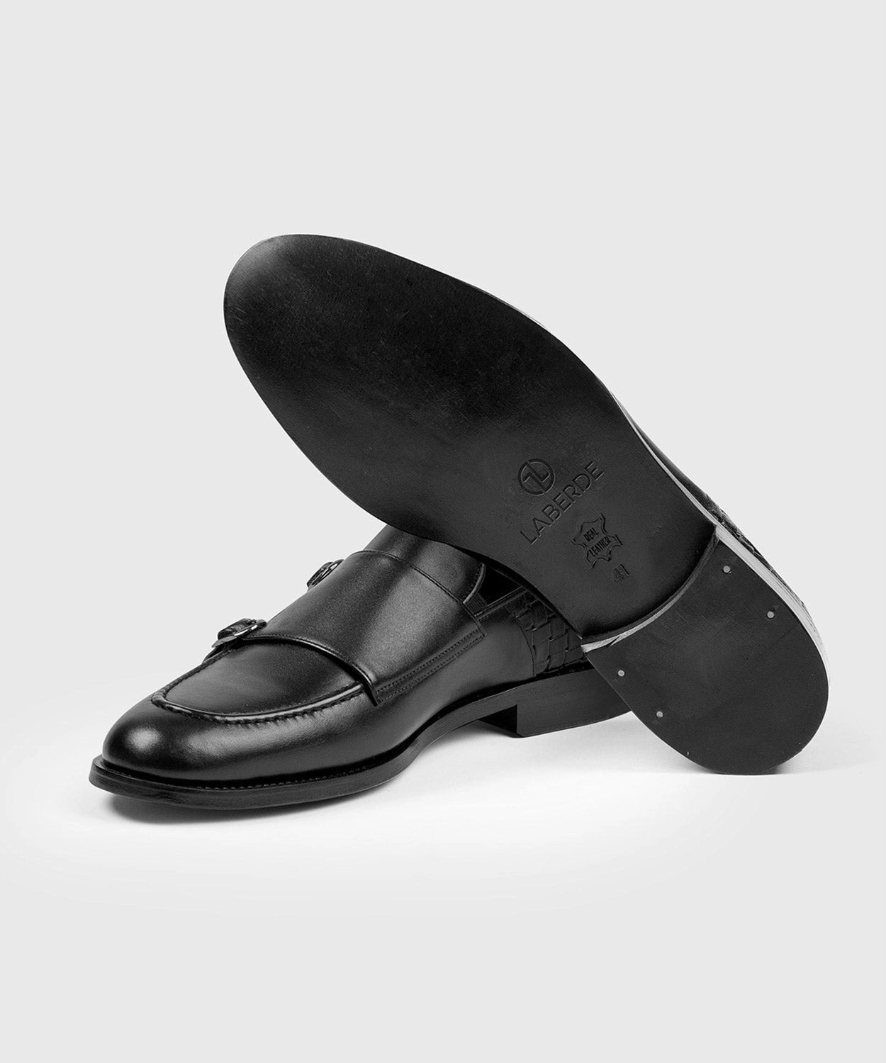 Black Double Monk Brogues With Coloured Soles
