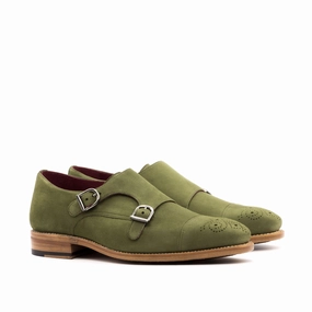 Khaki Green Suede Double Monk Shoes Brogan Shoes For Sale