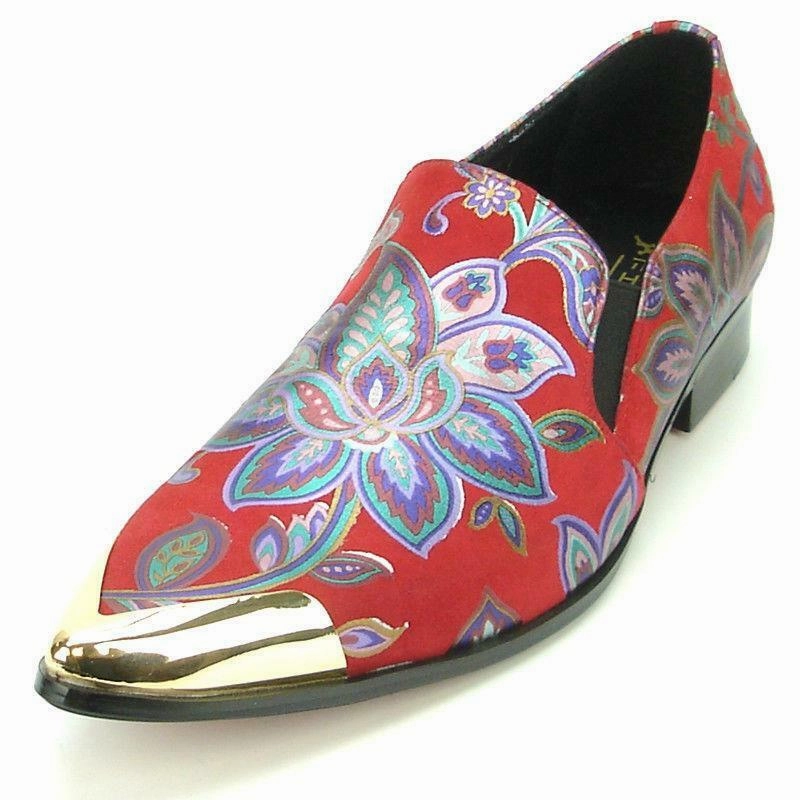 Men's Fiesso Red Suede Floral Design Loafer Metal Tip Dress Shoes FI 7133 Loafers Wide Width