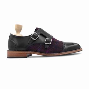 Treva - Men's Black Calf Leather and Harris Tweed Double Monkstrap United Oxford
